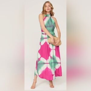 BUSAYO Vibrant Halter Maxi Dress in White, Pink and Green Size 2